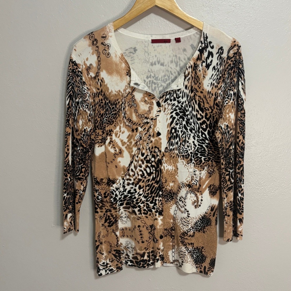 RED Cardigan Sweater Tan Animal Print Leopard Chain Button Front Work Casual L